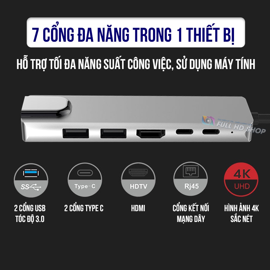 Cổng Chuyển Đổi Type C Sang USB/Mạng dây/HDMI/Type C Phụ Kiện Macbook Chia Cổng 6 trong 1 Full HD Shop Mã HD15
