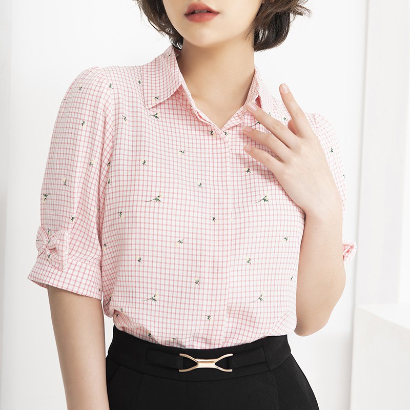 Áo sơ mi nữ công sở tay lỡ phối nơ Chunxuu, thời trang chất Kate cao cấp - BS07 caro hồng