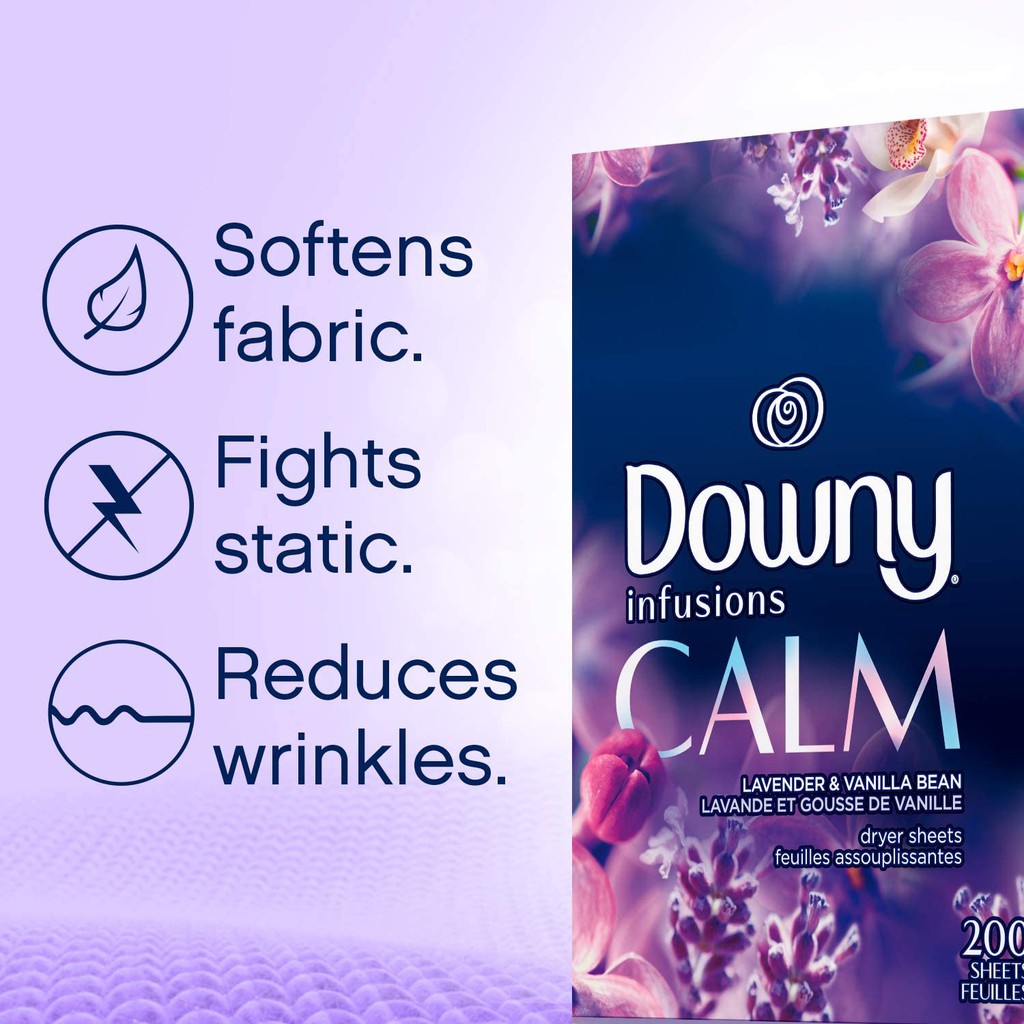 Hộp 105-200 tờ giấy thơm áo quần Downy Infusions Fabric Softener Dryer Sheets Lavender &amp; Vanilla Bean (Mỹ)