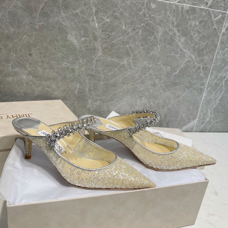Giày cao gót mũi nhọn hở hậu dây quai đính đá nhỏ jimmy choo