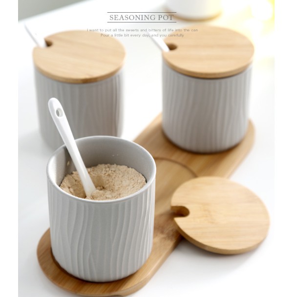 Bộ 3 hũ đựng gia vị bằng gốm sứ màu siêu tối giản tặng kèm khay