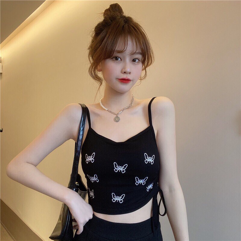 Áo Bra 2 Dây Dáng Croptop Dây Rút Sườn Hoạ Tiết Hình Bướm có 3 màu đen, ghi, trắng chất đẹp