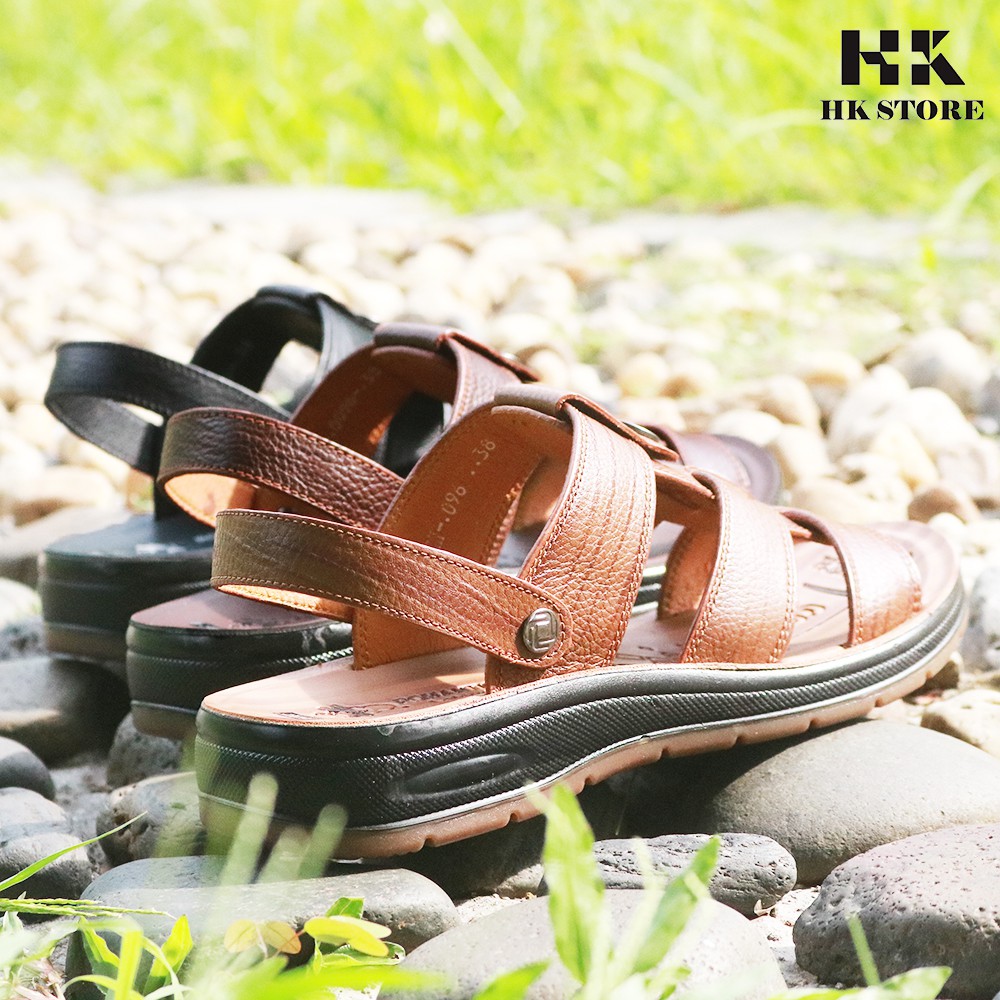 Dép sandal nam trung niên 💝 HK.STORE 💝 da bò xịn kết hợp đế kếp cao 3,5cm cực đẹp khâu may chân quai công nghệ 2021.