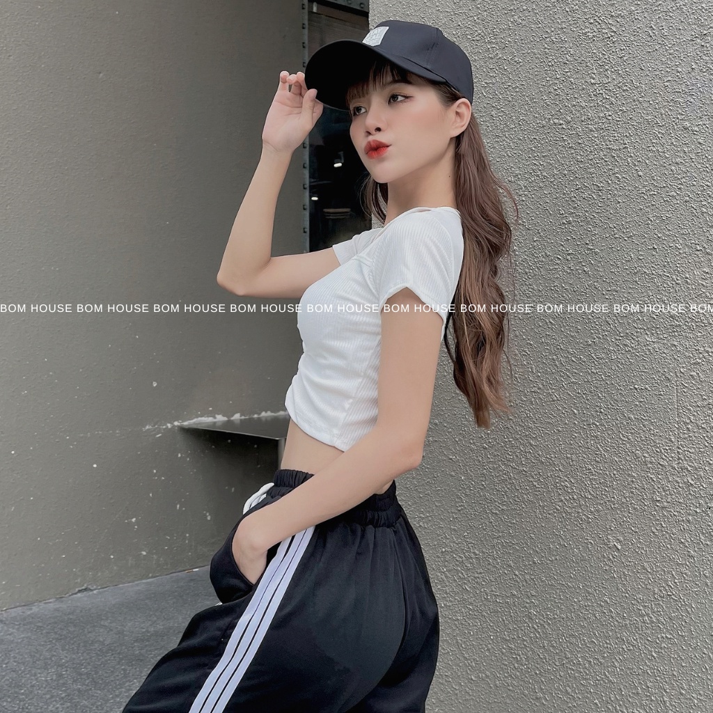 Áo Croptop Nữ Trơn Basic Dây Chéo BOM HOUSE Chất Liệu Thun Gân