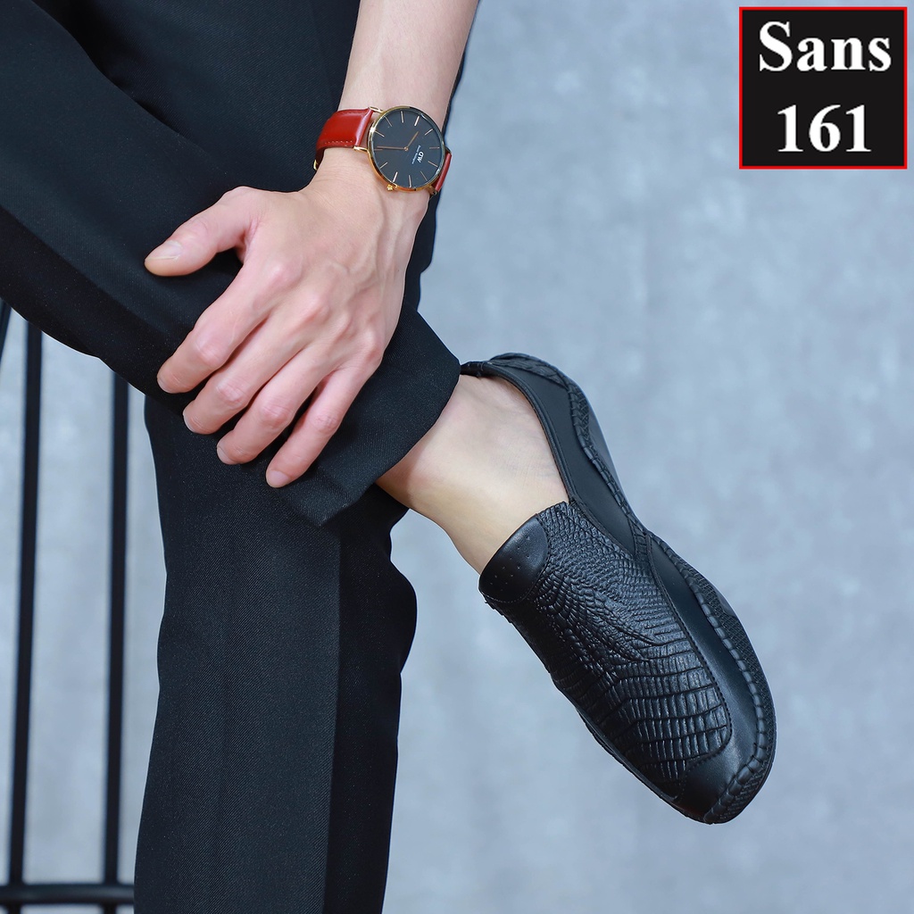 Giày mọi nam giá rẻ Sans161 giầy lười moca vân cá sấu mềm đế bệt mũi vuông công sở đen đẹp thời trang hàn quốc