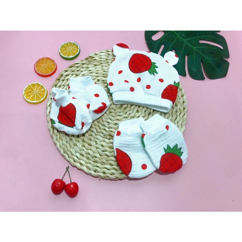 Set mũ bao tay bao chân xô cotton Hàn Quốc