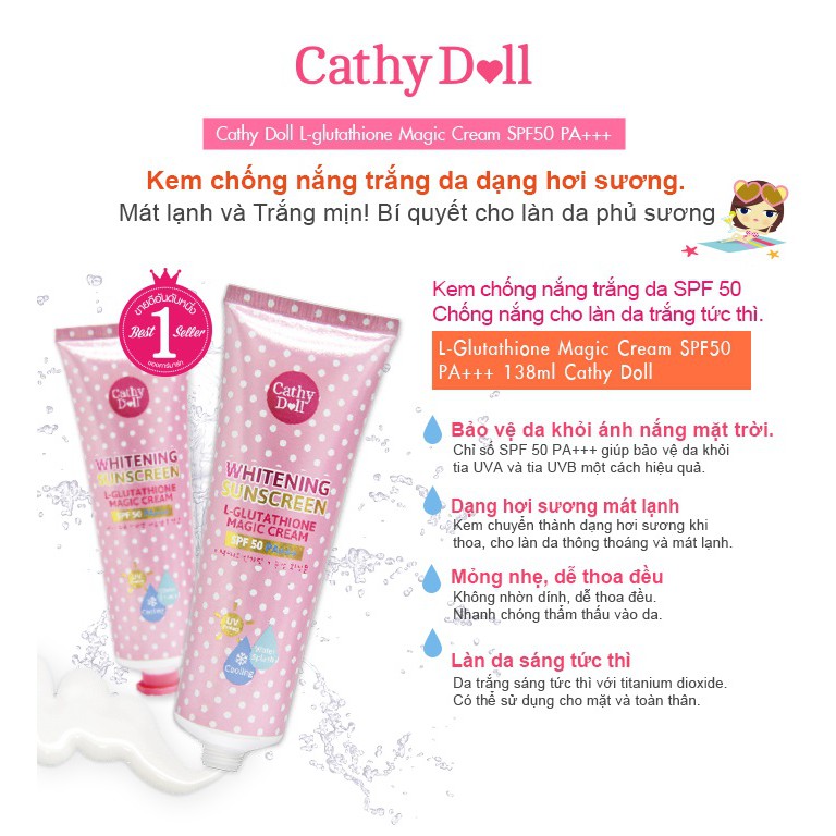 Kem chống nắng Karmart Cathy Doll L-Glutathione Magic Cream Whitening Sunscreen SPF50 PA+++