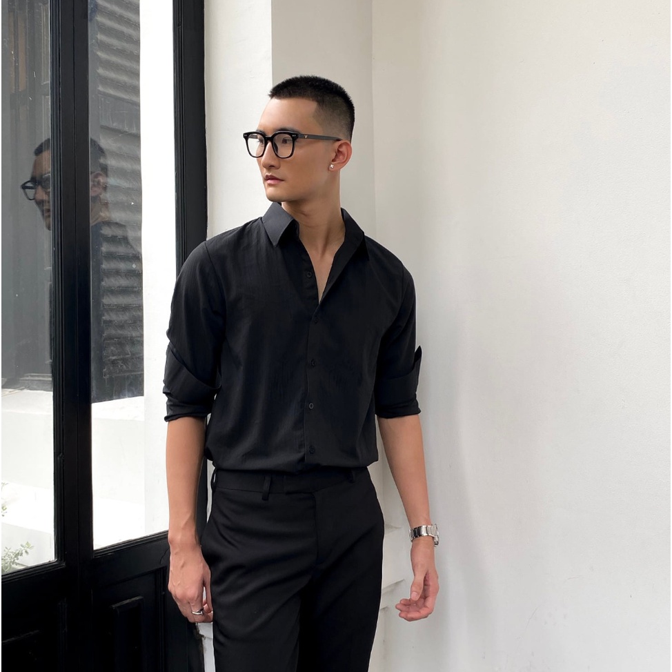 Áo sơ mi dài tay nam cổ đức chuẩn form MANDY Đen