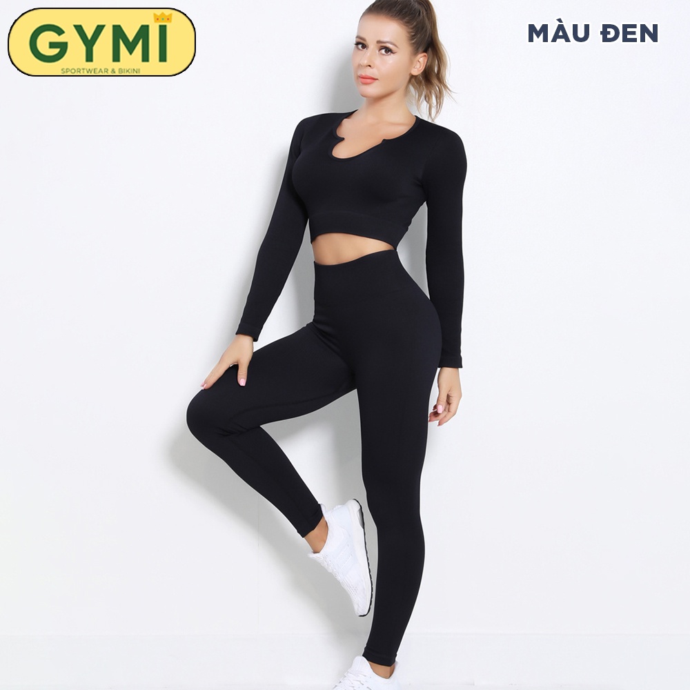 Set bộ đồ tập gym yoga nữ GYMI SET23 gồm áo croptop dài tay và quần legging thể thao chất dệt thun gân