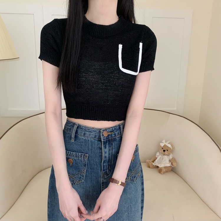 【ZHELIHANGFEI】Áo Dệt Kim Tay Ngắn Cổ Tròn Dễ Phối Đồ Hợp Thời Trang