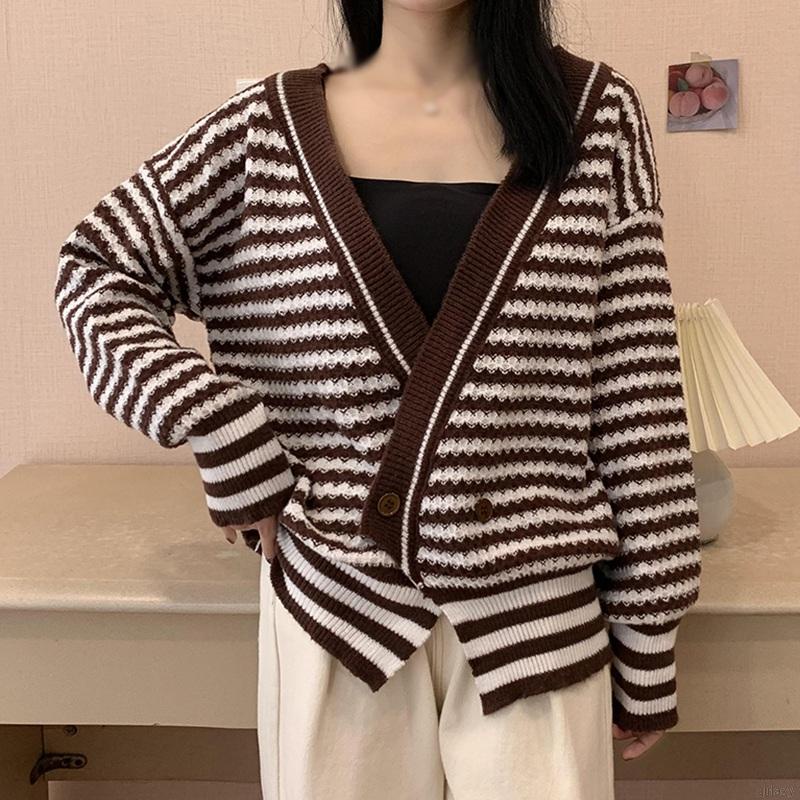 Áo khoác cardigan dệt kim cổ chữ V tay dài dáng rộng họa tiết kẻ sọc phong cách retro Hàn Quốc cho nữ