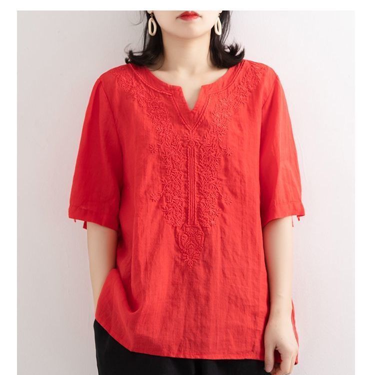 Áo Thun Cotton Lanh Tay Lửng Cổ Chữ V Thêu Họa Tiết Phong Cách Mới Mùa Hè Cho Nữ