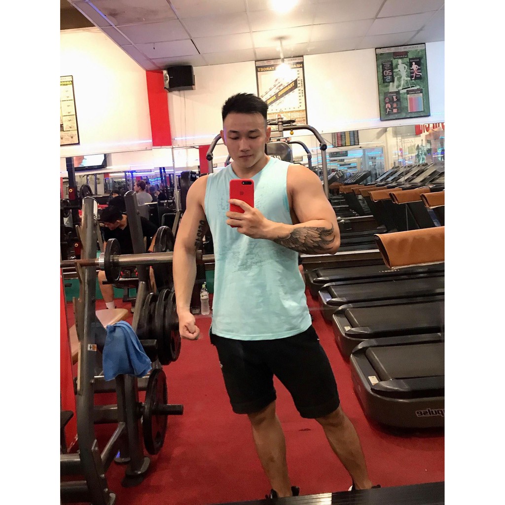 Áo Tanktop áo gym nam xanh nhạt phong cách Fitshop 100% cotton Made in Việt Nam cao cấp đẹp từng đường kim mũi chỉ