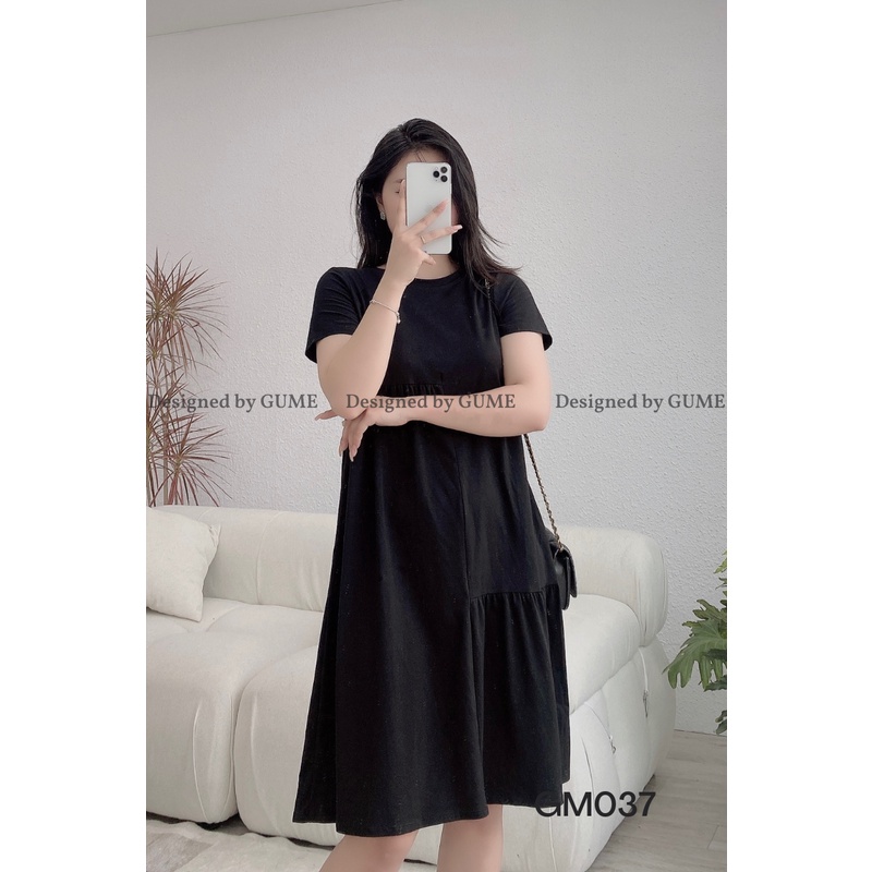 Váy bầu đẹp cotton dày dặn, nhún lệch tầng trẻ trung, co giãn thoải mái tới khi sinh GuMe GM037