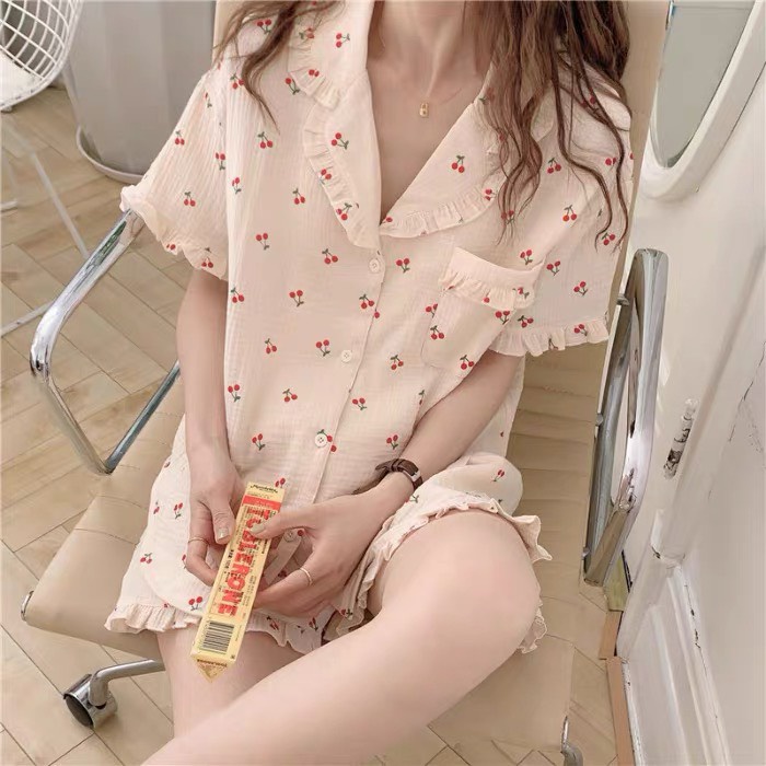 Bộ đồ ngủ nữ cộc tay chất đũi xốp, Bộ đồ ngủ pijama nữ viền bèo chất vải mát