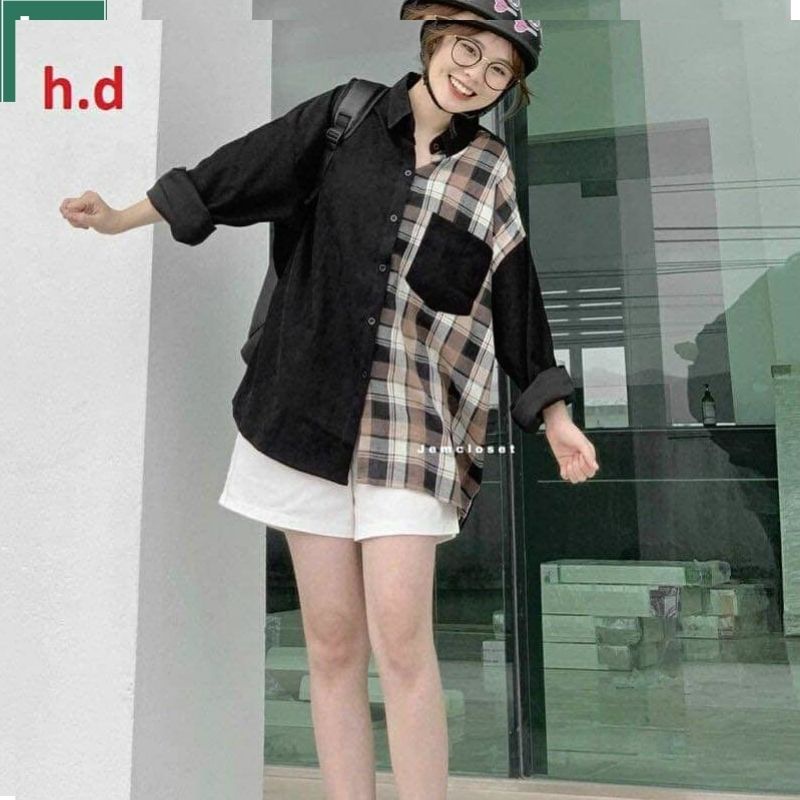 Áo sơ mi nữ phối kẻ caro túi hộp form to rộng unisex ulzzang cực xinh vitage -LAMASS