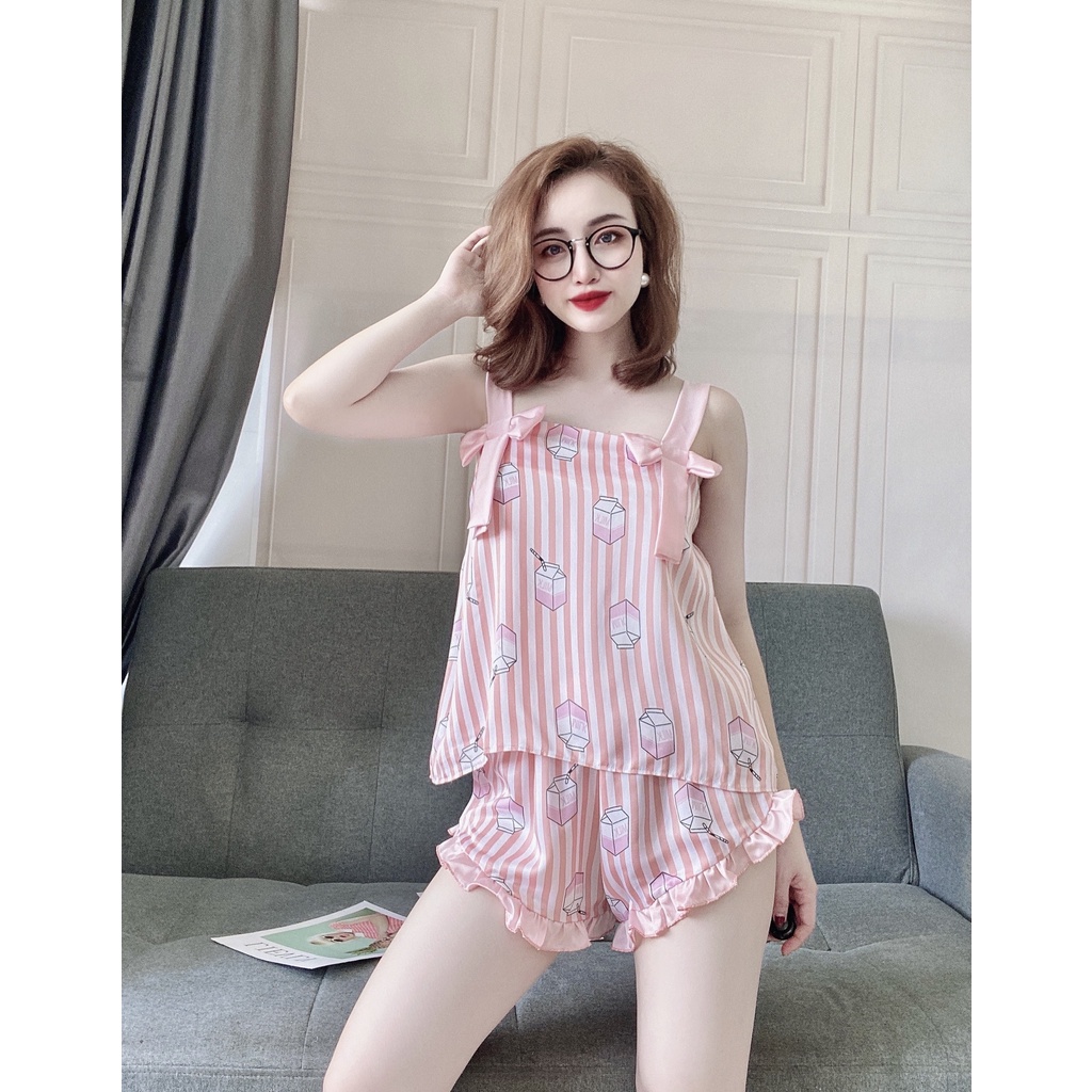 Đồ ngủ sexy gợi cảm áo 2 dây phối nơ in 3D siêu xinh Freesize - Linqu Sleepwear