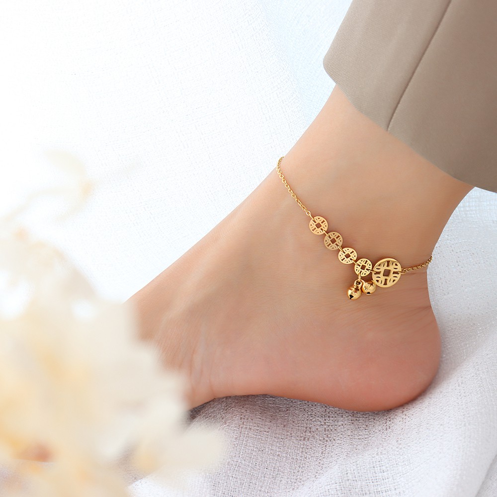Mặt Dây Chuông Kiểu Vòng Chân Bằng Đồng Xu, Thép Titan Mạ Vàng 18k, Trang Sức Cá Tính-V34