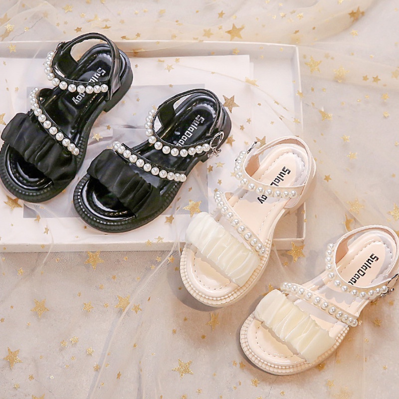 Giày Sandal Công Chúa Đế Mềm Đính Ngọc Trai Thời Trang Mùa Hè Phong Cách Hàn Quốc Cho Bé Gái