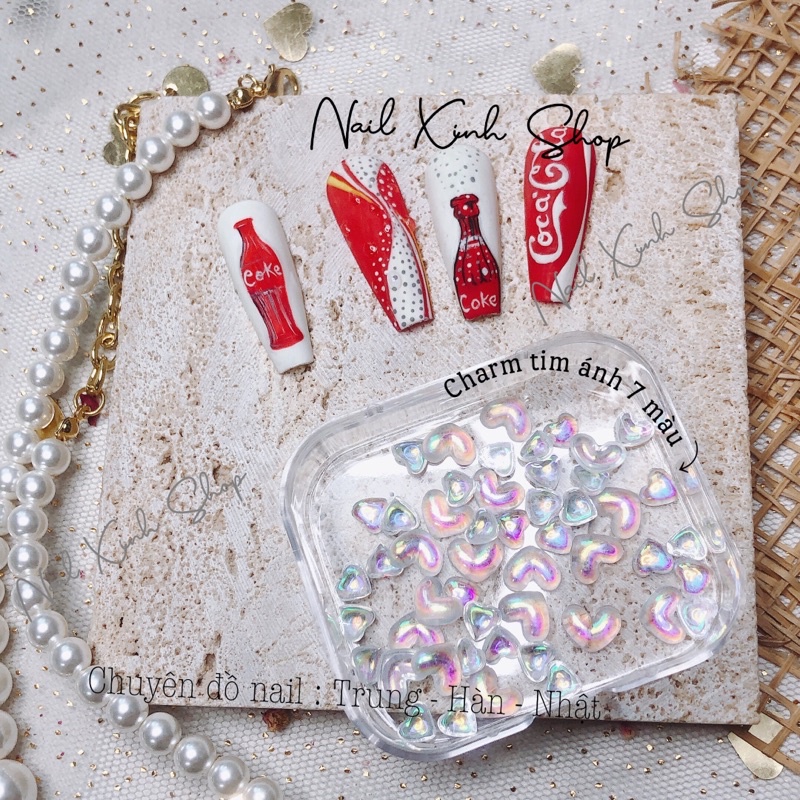 Set 10 charm tim flash mắt mèo - phụ kiện nail hot