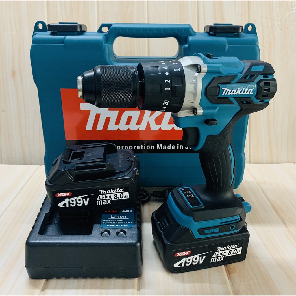 Máy khoan pin 199V Makita 3 chứ năng có búa - Động cơ không chổi than siêu mạnh mẽ - Tặng kèm 10 mũi khoan cao cấp