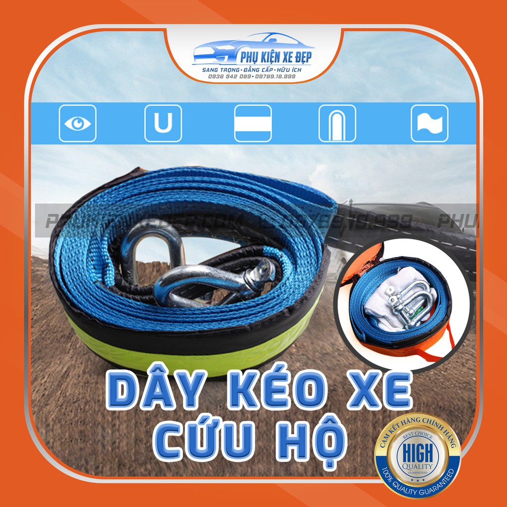 Dây Kéo Xe Cứu Hộ Cho Xe Ô Tô ⚡FREESHIP⚡| Cáp Kéo Ô Tô Tải Trọng 8 Tấn Dài 5m Rộng 4,5cm Siêu Chắc Chắn