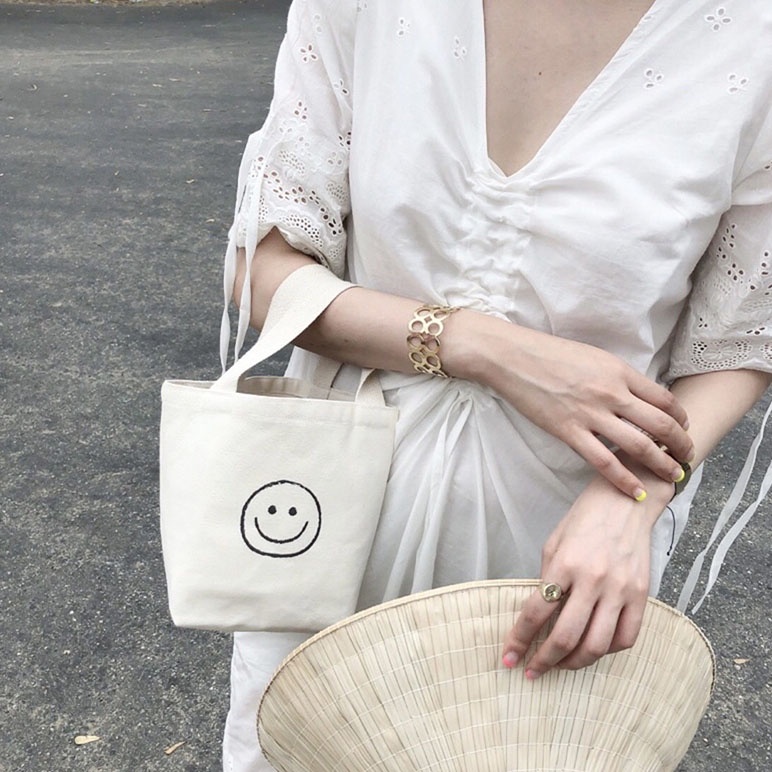 Túi tote mini vải mộc Tiệm nhà Pony phong cách Hàn Quốc in hình mặt cười happy happy