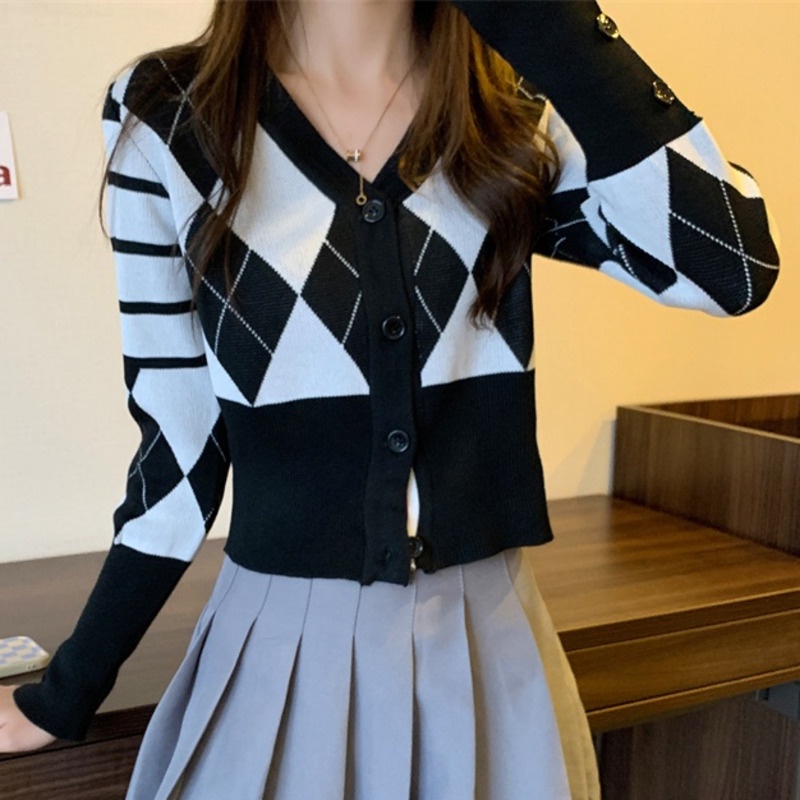 Áo khoác len cardigan mỏng dáng ngắn họa tiết kẻ sọc thời trang cho nữ