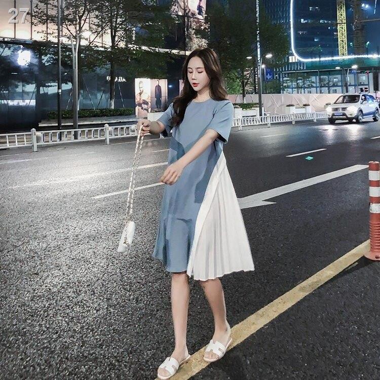 bà bầu mặc mùa hè Váy dáng dài xẻ giữa không đều thời trang phiên bản Hàn Quốc sành điệu của thả rông áo t