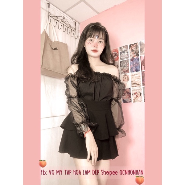 Set áo bẹt vai tay voan phối chân váy tầng xoè