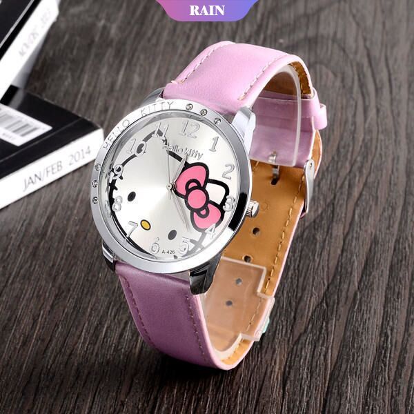 Đồng Hồ Đeo Tay Dây Da PU Mặt Hello Kitty Dễ Thương Dành Cho Bé Gái