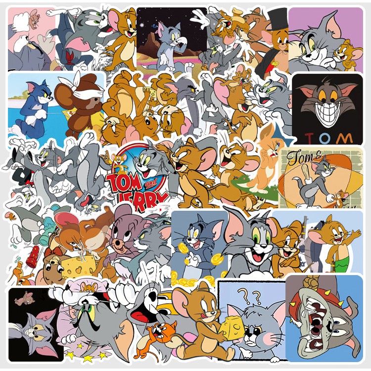 [Set 50 Cái] Sticker hoạt hình Tom & Jerry dễ thương dán trang trí laptop, nón bảo hiểm, xe tay ga, ván trượt - DB.021