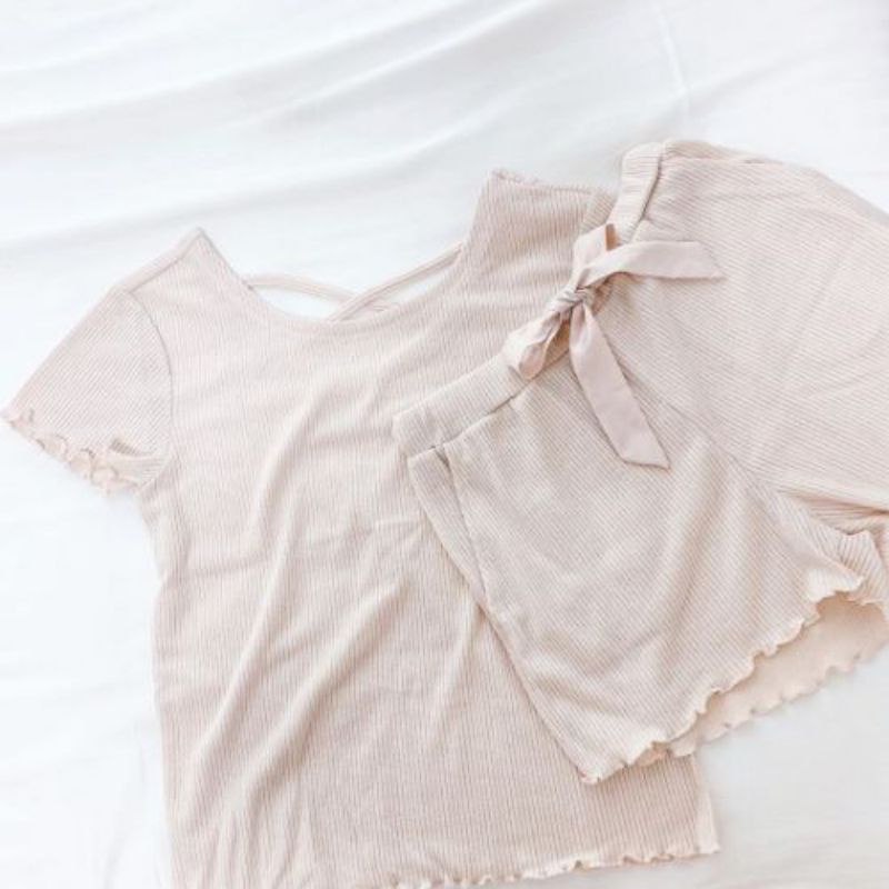 (GU Nhật chính hãng) Nữ - Bộ mặc nhà áo ngắn tay quần cộc chất thun tăm mềm mại nơ eo - Waist Ribbon Rib Lounge Set