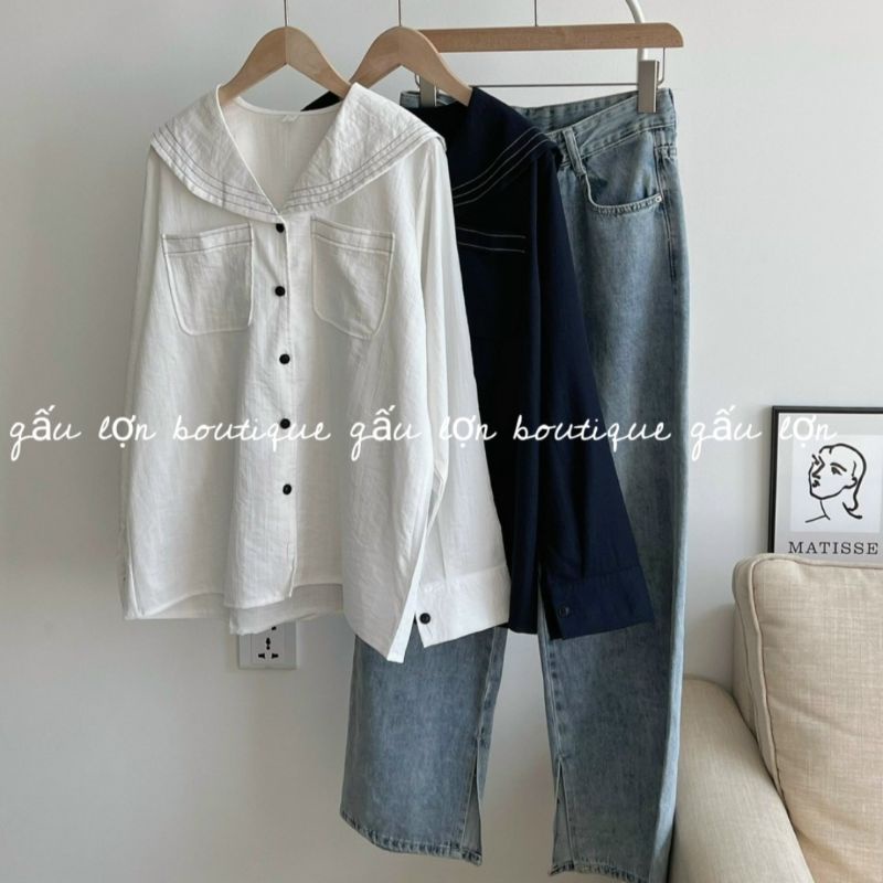 Áo sơ mi cổ thủy thủ viền chỉ nổi vintage hàn quốc