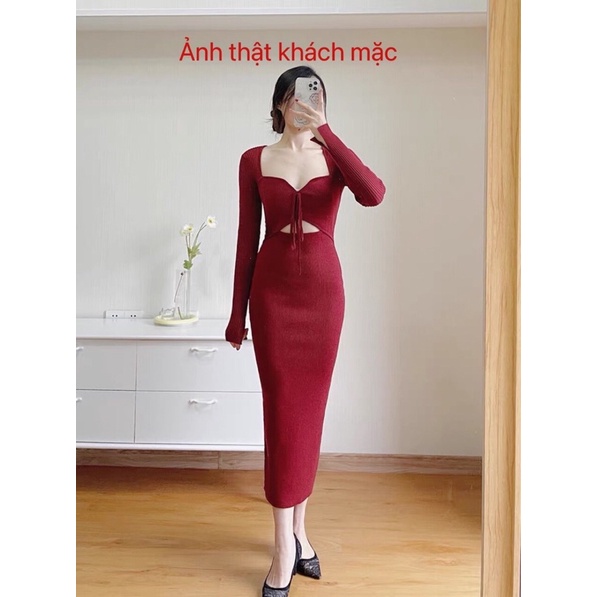 Váy len body đầm ôm sát có dây buộc cổ sexy quyến rũ hot tiktok