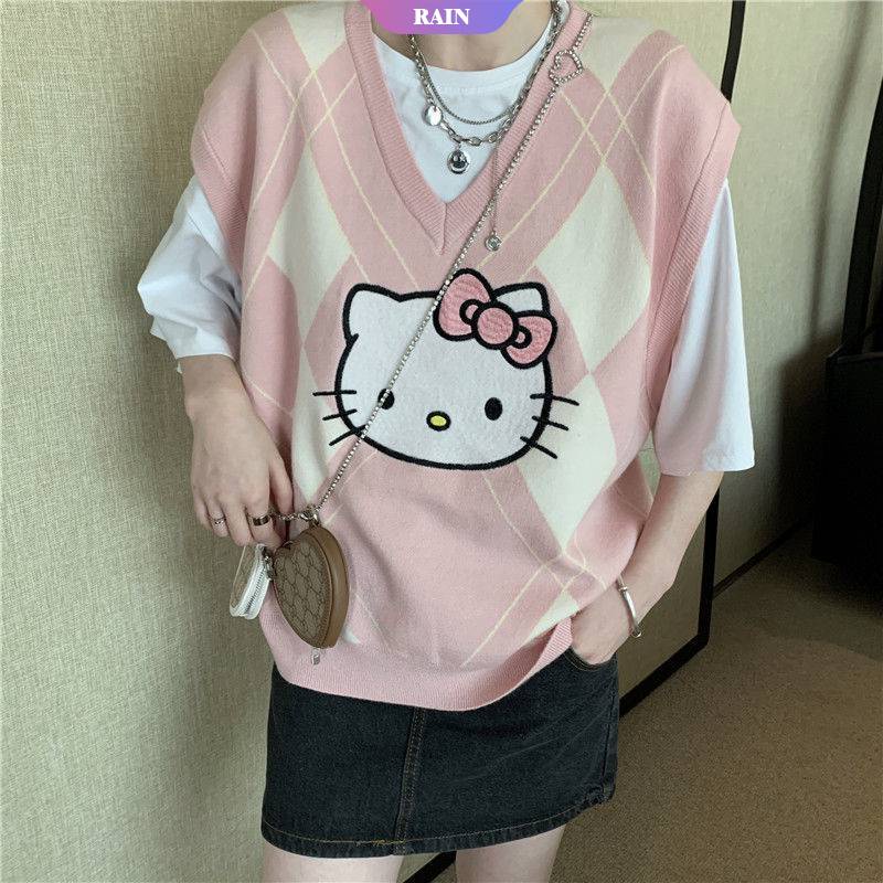 Anime Sanrio Áo Ghi Lê Dệt Kim Ấm Áp Phối Màu Tương Phản Hình Mèo Hello Kitty Phong Cách Trường Học Trẻ Trung Cho Nữ [Srain]