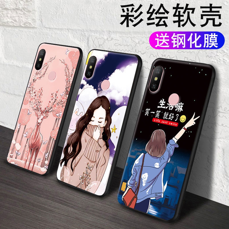 ▫◇Gửi phim cường lực vỏ điện thoại di động Redmi NOTE5 lưới màu đỏ thời trang hoạt hình dễ thương RedmiNOTE5 vỏ mềm bao trọn cạnh