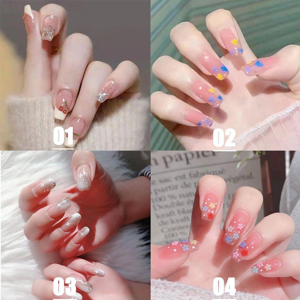 Bộ 24 Móng Tay Giả Che Phủ Toàn Diện Họa Tiết Hoa Và Ngôi Sao Lấp Lánh Có Thể Tháo Rời