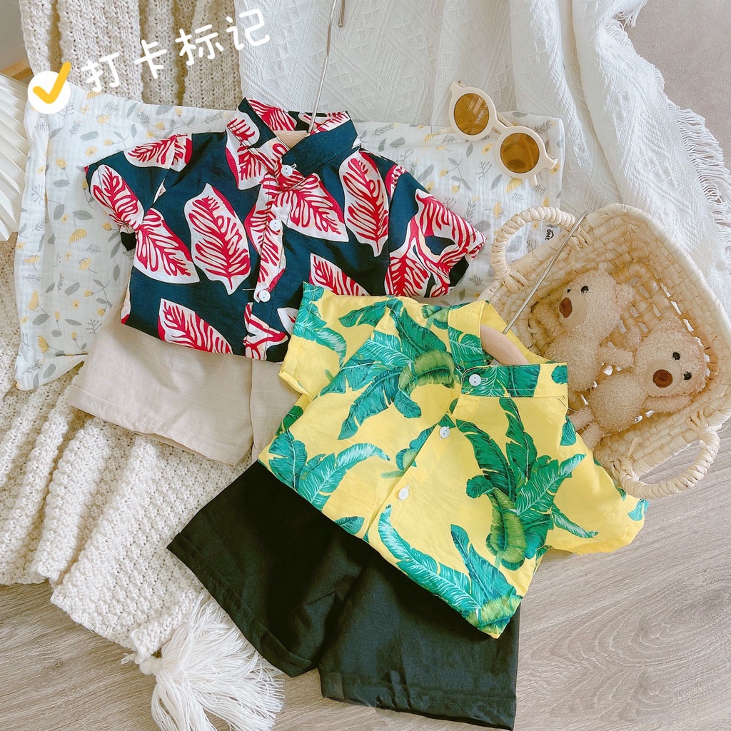 Bộ đi biển bé trai chất đũi cổ trụ in hoa lá mặc mùa hè cho bé trai Moon kids fashion