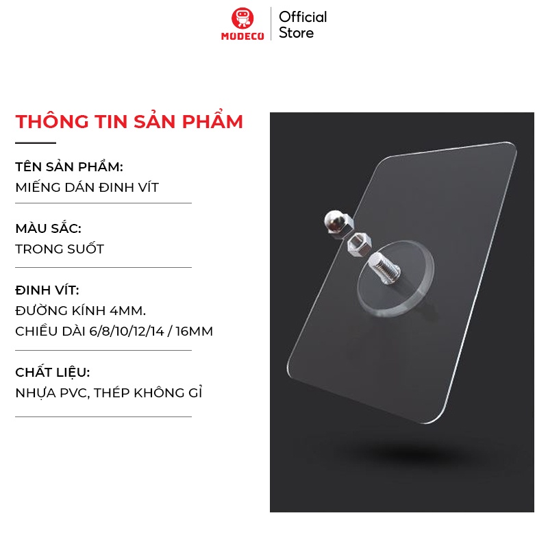 Miếng Dán Tường Đinh Vít Treo Tường Siêu Chắc MODECO - Treo Giá Kệ, Tranh Ảnh Trên Tường Không Cần Khoan Đục - Keo Dày