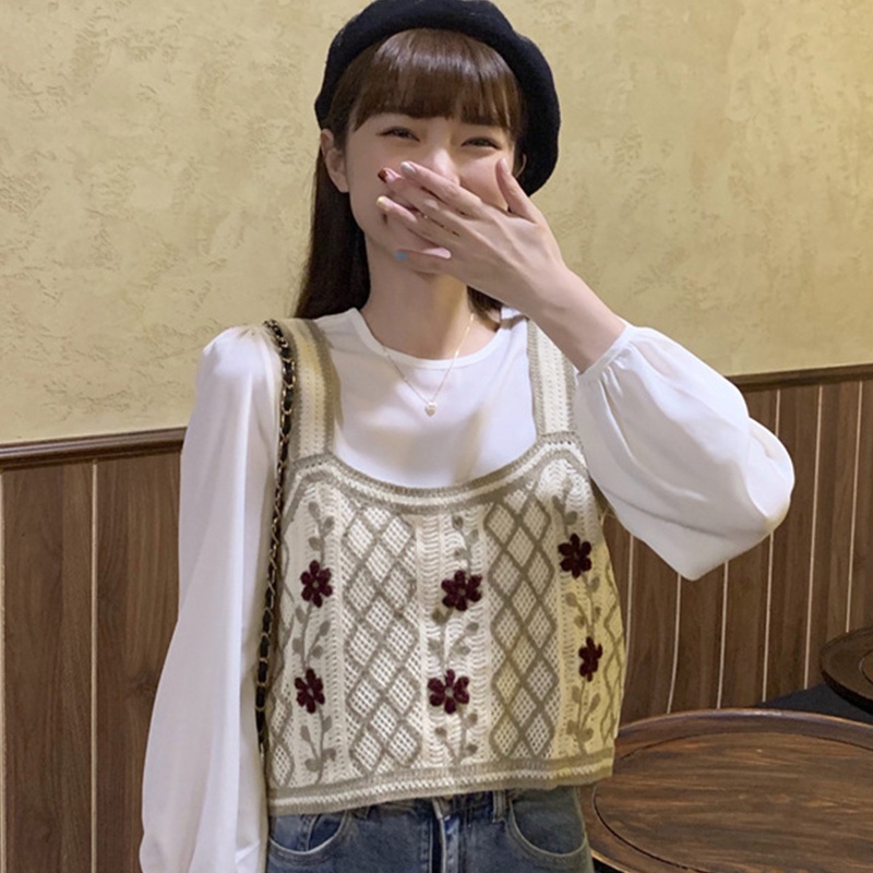 Áo Croptop Dệt Kim Không Tay Thêu Họa Tiết Hoa Thời Trang Mùa Xuân Cho Nữ