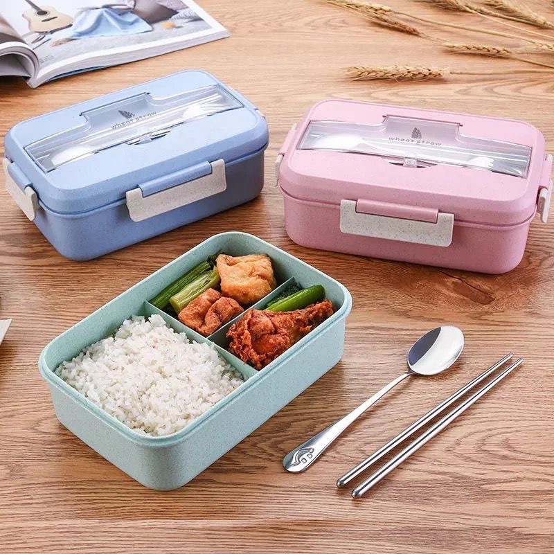 Hộp Đựng Cơm Thức Ăn Lúa Mạch Hộp Cơm 3 Ngăn Văn Phòng Chịu Nhiệt Cao Dùng cho Lò Vi Sóng