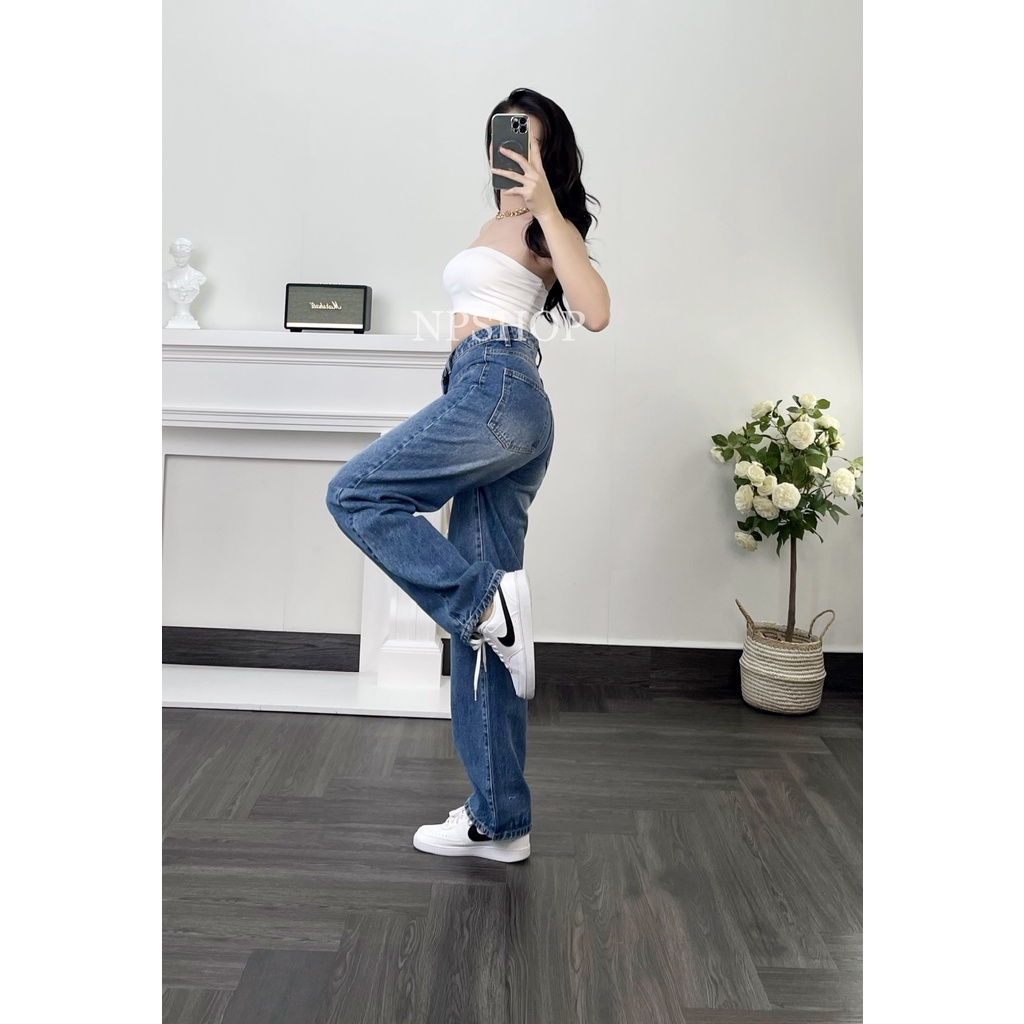Quần jean nữ ống suông dáng dài lưng cao túi mổ NPQ062
