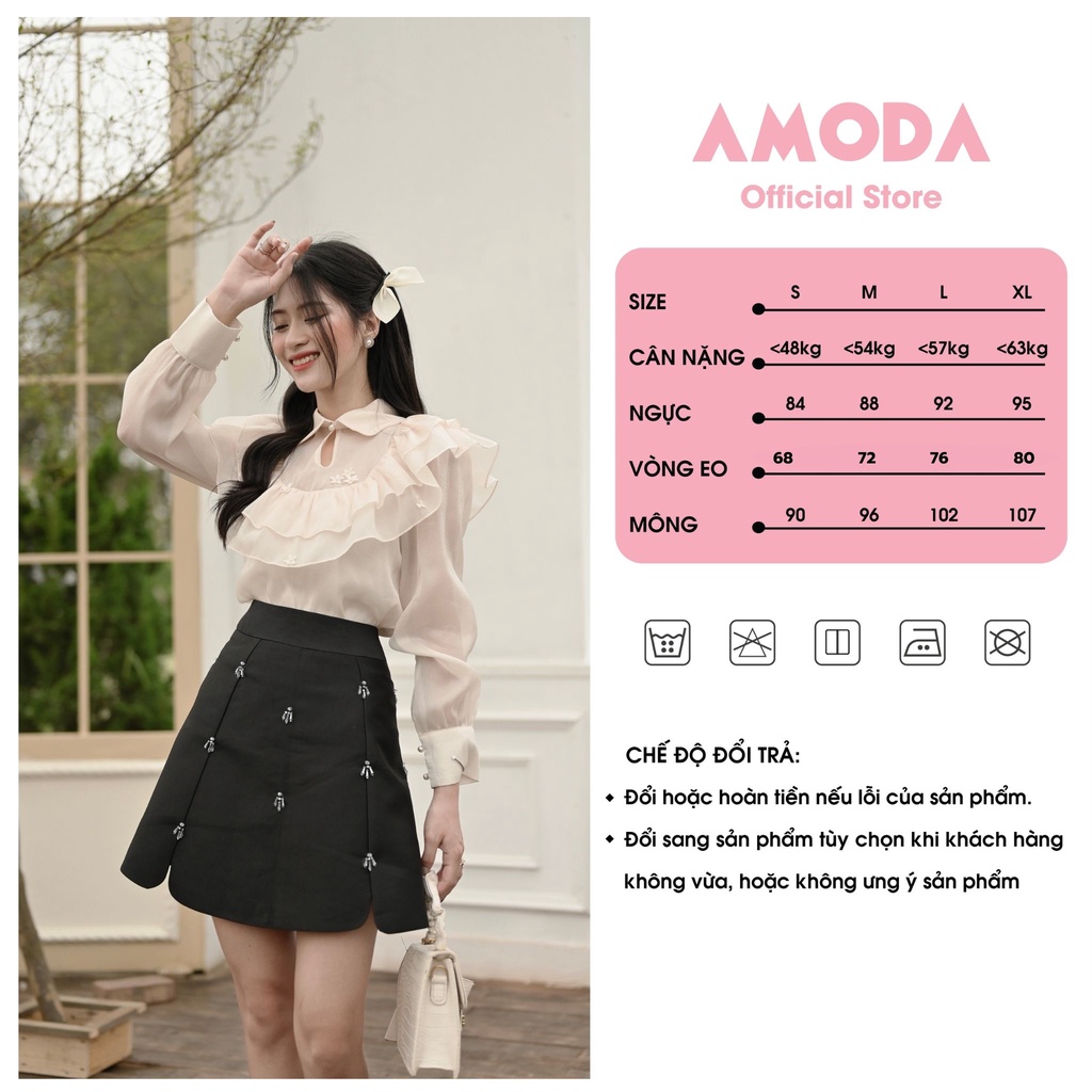 Áo sơ mi  cổ bèo thiết kế cao cấp  tay bồng đính ngọc  siêu xinh cho nàng AMODA A007
