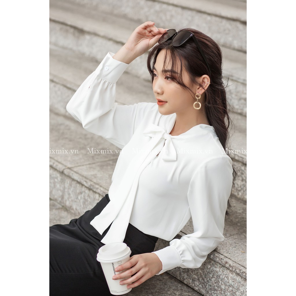 Áo sơ mi cột nơ màu trắng - MIXMIX - Hàng thiết kế - Hình chụp thật