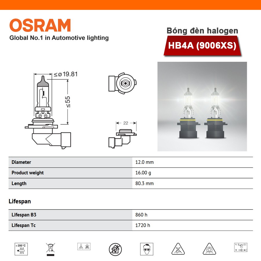 [Mã BMBAU50 giảm 10% đơn 99k] Bóng Đèn Halogen OSRAM Original HB4 12V 55W (Chân Thẳng) Nhập Khẩu Chính Hãng