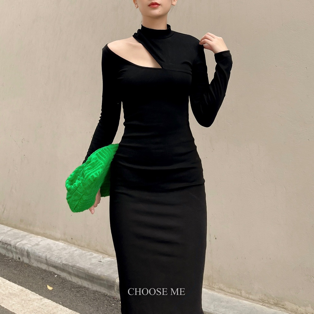 Váy Body Khoét Vai Dài Tay, Váy Thun Ôm Body Màu Đen Dáng Dài - Choose Me KLP | BigBuy360 - bigbuy360.vn