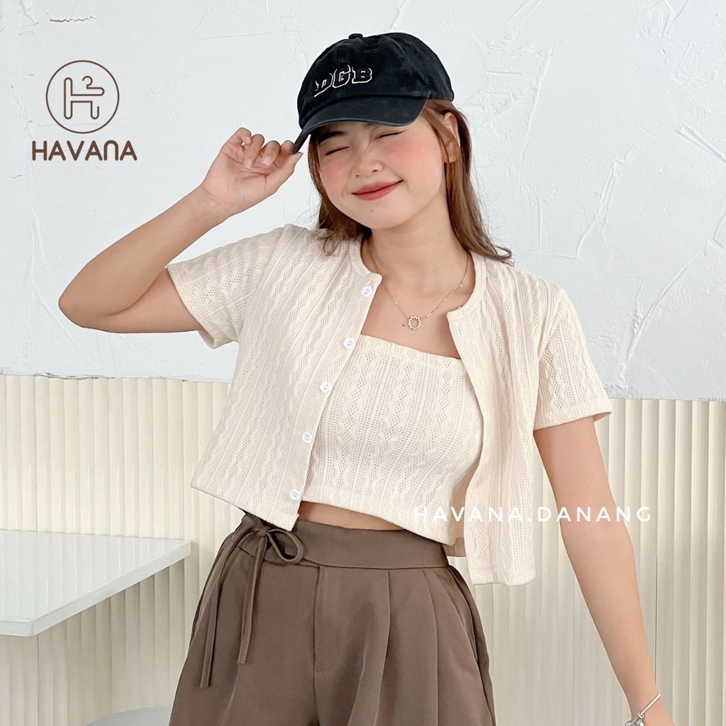 Áo croptop ngắn tay kèm hai dây bên trong, set áo len họa tiết cúc hoa AE237