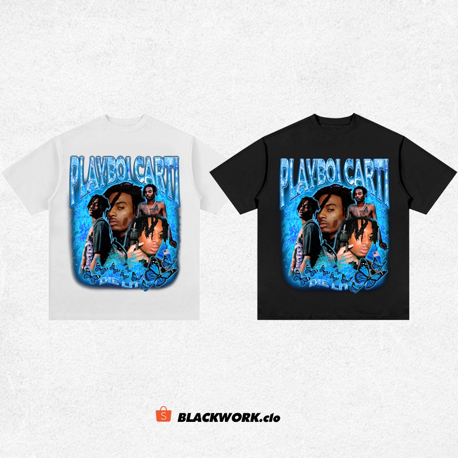 Áo Thun Vintage Playpoi Carti Tay Lỡ Unisex - Đen/Trắng Cổ Tròn | Blackwork