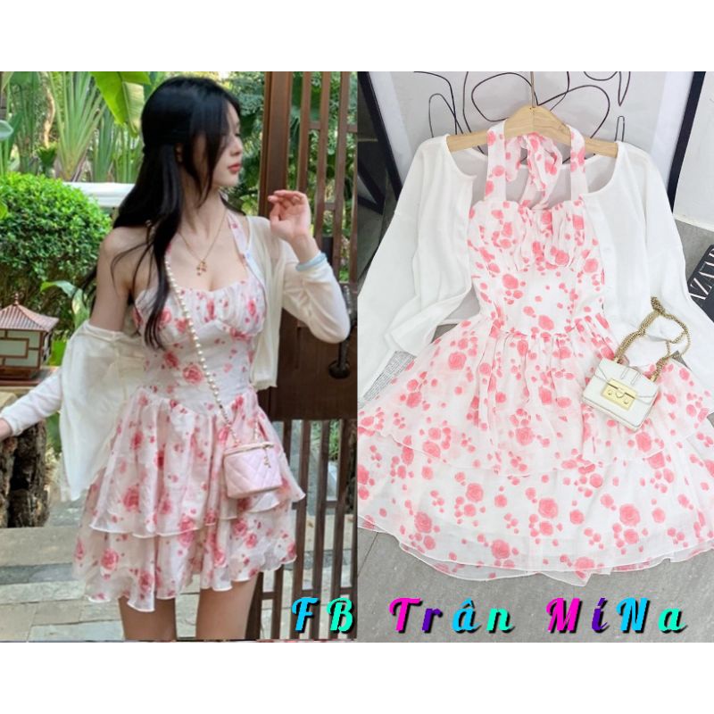 Set đầm nữ đi chơi hoa hồng nhỏ 2 dây chéo cổ phối áo khoát trắng croptop